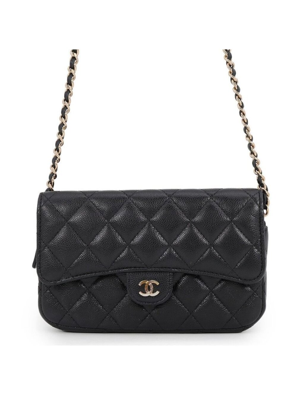 Chanel Chain Shoulder Bag Flap Phone Case Quilted CC Logo Caviar Leather Black